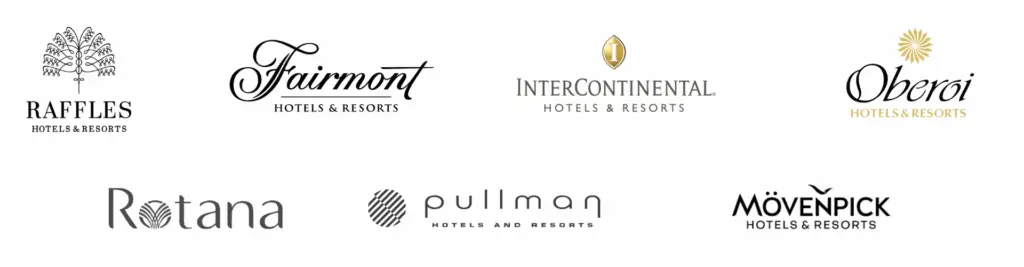 Raffles Hotels & Resorts logo – iconic luxury hotel brand known for timeless elegance and world-class service Fairmont Hotels & Resorts logo – premium global hospitality group offering luxury stays and signature experiences InterContinental Hotels & Resorts logo – international five-star hotel chain for business and luxury travelers Oberoi Hotels & Resorts logo – award-winning luxury hotels renowned for personalized service and heritage charm Rotana Hotels & Resorts logo – Middle Eastern hospitality brand offering upscale modern hotels and resorts Pullman Hotels and Resorts logo – contemporary luxury brand catering to business and leisure travelers worldwide Mövenpick Hotels & Resorts logo – premium hotel chain offering Swiss hospitality, gourmet dining, and family-friendly stays